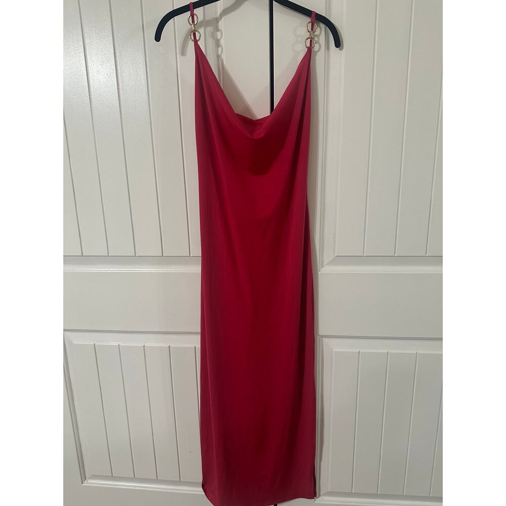 Hot Pink Satin Slip Dress Gold Ring Strap Cowl Neck Midi Cocktail